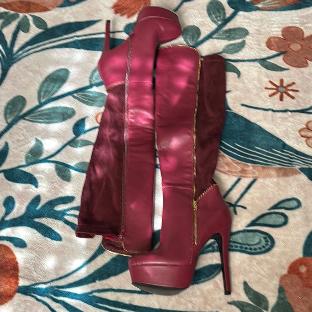 Burgundy Heeled Platform Boots Zipper Design